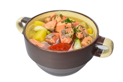 High angle view of soup in bowl