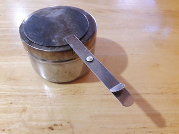 High angle view of cup on table