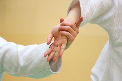 Cropped image of people practicing aikido in dojo