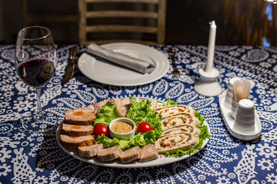 Close-up of food served on table