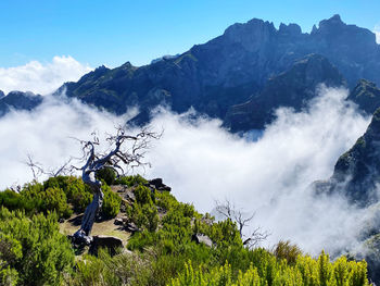 Scenic view of waterfall against sky