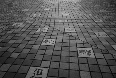 High angle view of text on tiled floor