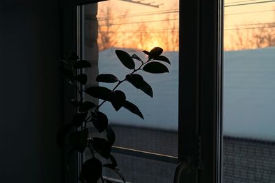 Close-up of window against sunset sky