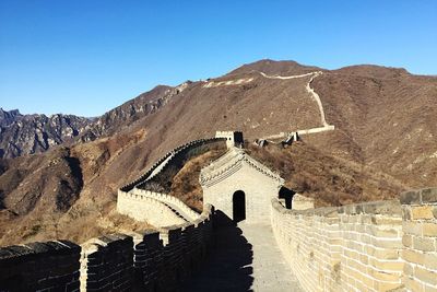 High angle view of mountain range against clear sky