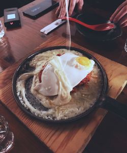 High angle view of person having breakfast