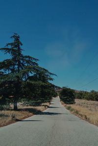 Road amidst trees against clear blue sky