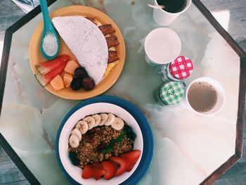 High angle view of food served in plate