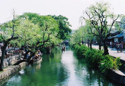 People on river amidst trees against sky