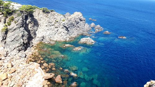 High angle view of sea against blue sky