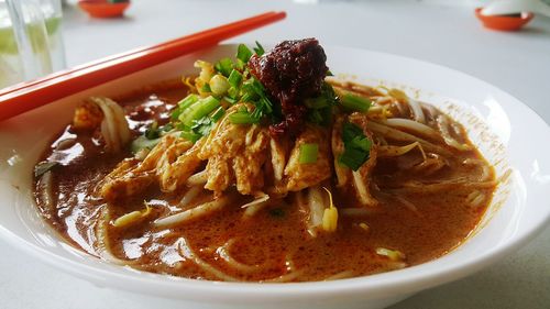 Close-up of soup in bowl on table