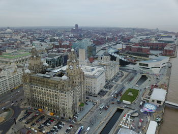 High angle view of buildings in city