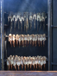 View of smoked fishes for sale