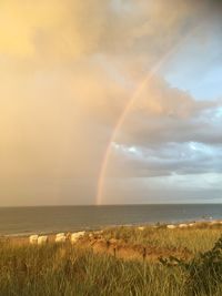 Scenic view of rainbow over sea against sky