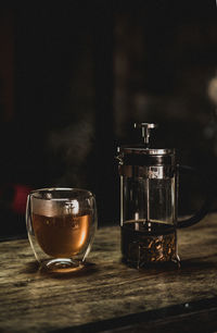 Close-up of beer glass on table