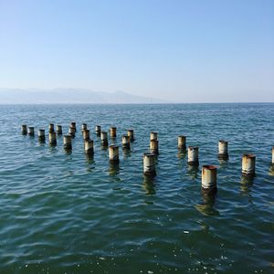 Wooden posts in sea against clear sky