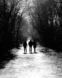 Rear view of friends walking on road during winter