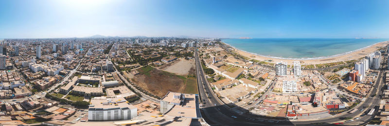 360 view panoramic of the great bay of lima, cliff and the costa verde high way.