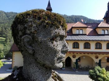 Close-up of statue wirh grass growing on head by building against sky