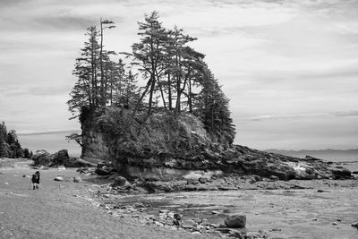 Rock formation on beach against sky