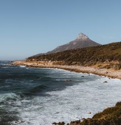 Scenic view of sea against clear blue sky