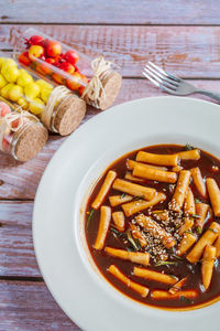 High angle view of pasta in plate on table