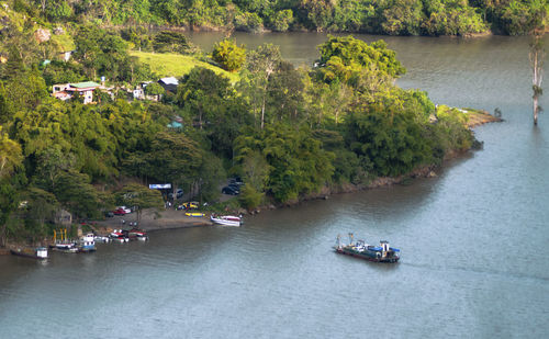 High angle view of boat sailing on river