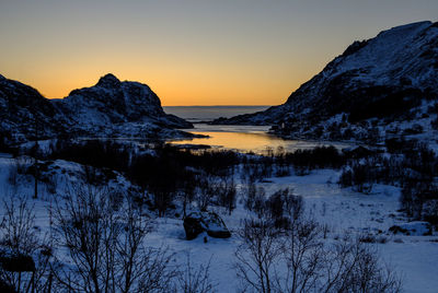 Scenic view of snow mountains against sky during sunset