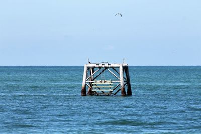 Crane in a sea against clear sky