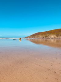 Scenic view of beach against clear blue sky