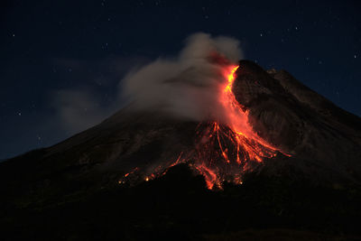 Smoke emitting from volcanic mountain at night