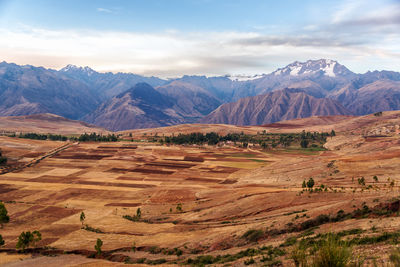 Scenic view of patchwork landscape against mountains at urubamba valley