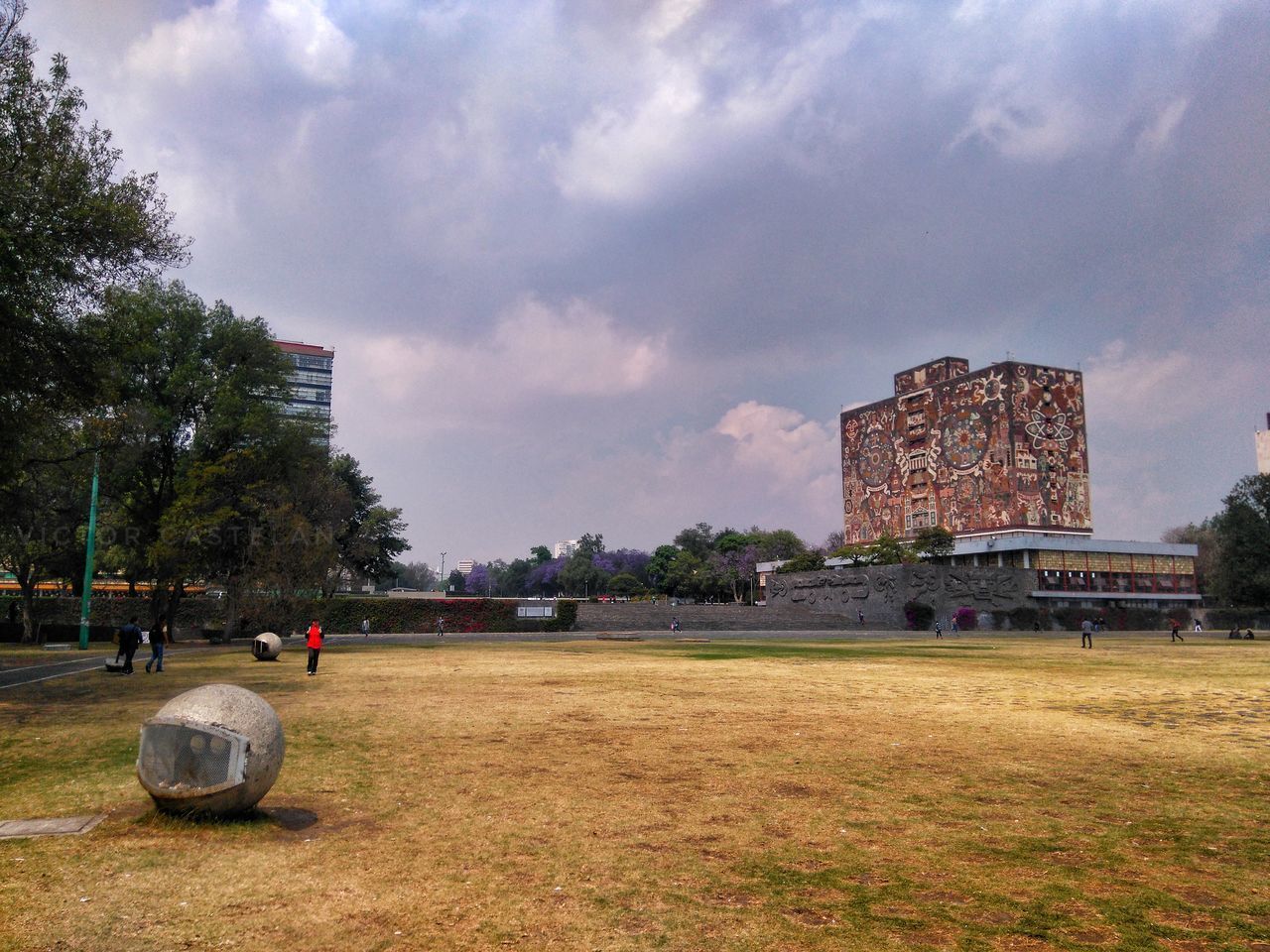 PEOPLE ON FIELD IN PARK AGAINST BUILDINGS