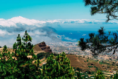 Scenic view of sea and mountains against sky