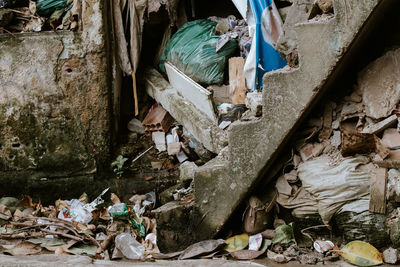 High angle view of garbage in abandoned building