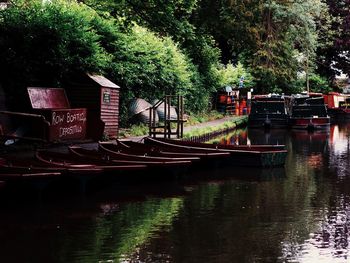 Boats moored in canal by trees