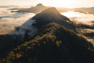 Scenic view of mountains against sky during sunset