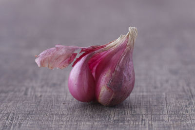 Close-up of pink garlic on table