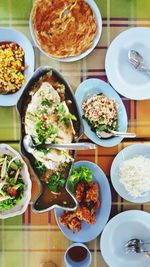 High angle view of meal served on table