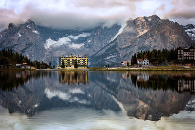 Scenic view of lake and snowcapped mountains against sky