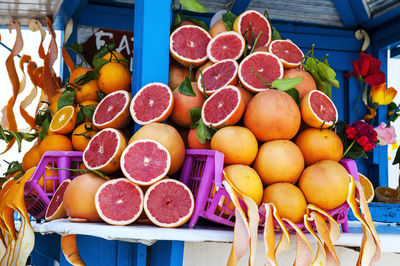 Low angle view of grapefruits for sale at market stall