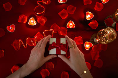 Midsection of woman holding illuminated christmas lights