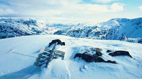 Snow covered landscape against sky