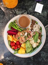 High angle view of salad in plate on table