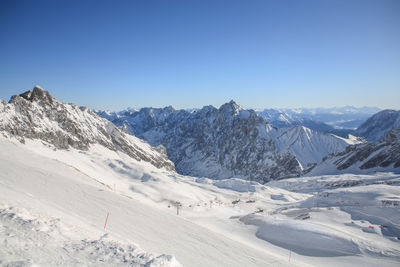 Scenic view of snowcapped mountains against clear sky