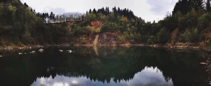 Reflection of trees in lake against sky