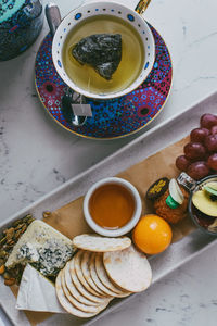 High angle view of breakfast on table