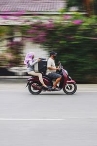 People riding motorcycle on road