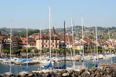 Sailboats moored in harbor