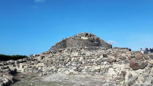 Low angle view of rocks against clear blue sky