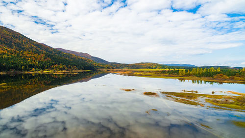 Scenic view of lake by mountains against sky